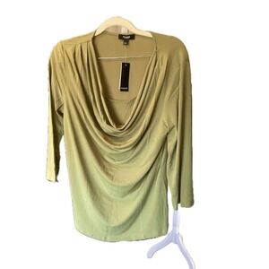 Premise Studio Women Layered Drape Neck 3/4 Sleeve Top L Sage Office Earthy Chic